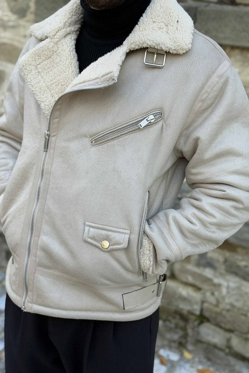 BELTED MEN JACKET WITH ZIPPERS CREAM/KREM - 7