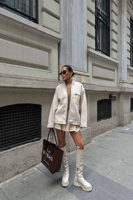 ZIPPER FRONT POCKET ONE COLOR WOMEN JACKET CREAM/KREM - 3