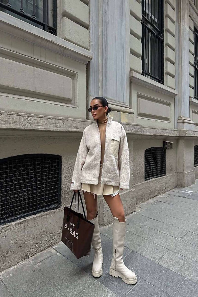 ZIPPER FRONT POCKET ONE COLOR WOMEN JACKET CREAM/KREM - 3