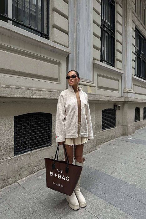ZIPPER FRONT POCKET ONE COLOR WOMEN JACKET CREAM/KREM - 5