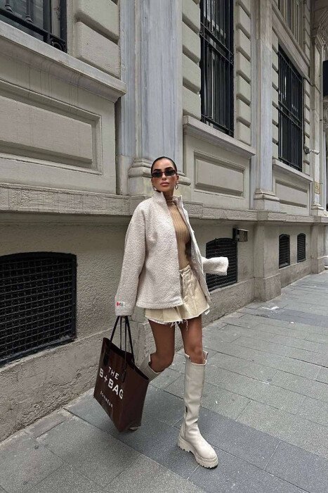ZIPPER FRONT POCKET ONE COLOR WOMEN JACKET CREAM/KREM - 6