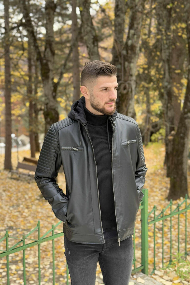 XHAKETË NJË NGJYRËSHE LËKURE ME KAPUÇ PËR MESHKUJ NË NGJYRË TË ZEZË - 3