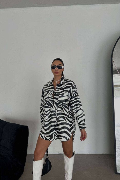 ZEBER PRINT LEATHER WOMAN SHIRT WHITE-BLACK/BAZE - KLAUDIO FASHION