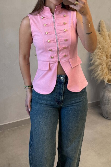 ZIP-UP GOLD BUTTONS ONE COLOR WOMEN VEST PINK/ROZE - 2