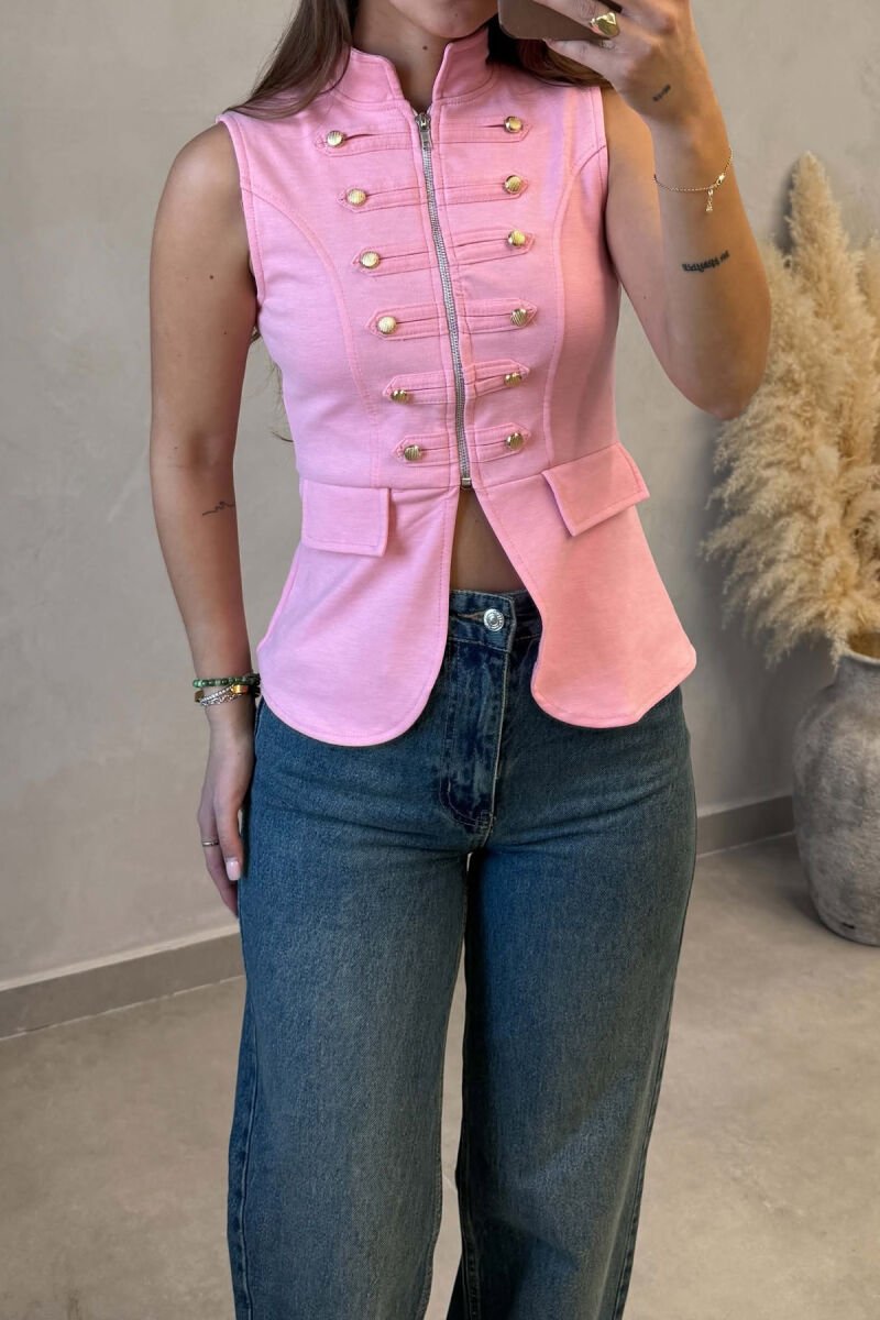 ZIP-UP GOLD BUTTONS ONE COLOR WOMEN VEST PINK/ROZE - 2