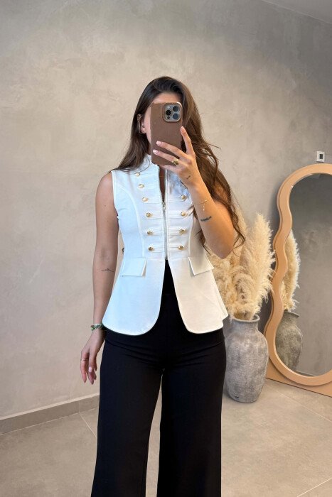 ZIP-UP GOLD BUTTONS ONE COLOR WOMEN VEST WHITE-E BARDHE - 1