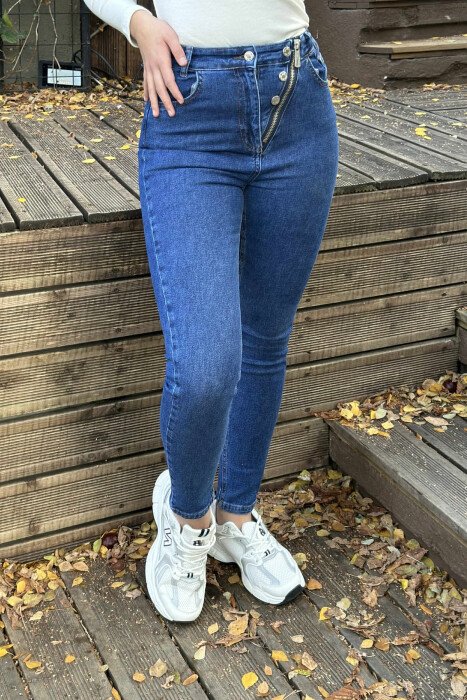 ZIPPER AND BUTTON DETAILS SKINNY WOMEN JEANS BLUE/BLU - 1