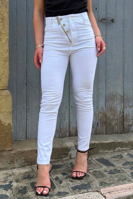 ZIPPER AND BUTTON DETAILS SKINNY WOMEN JEANS WHITE-E BARDHE - 6