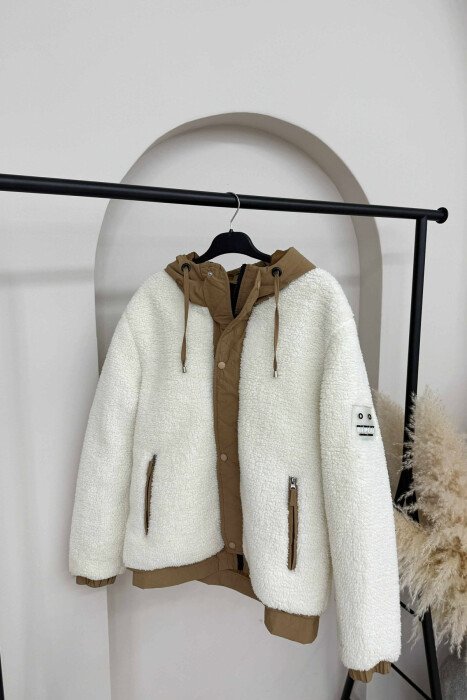 ZIPPER AND BUTTONS HOODED SHEEPSKIN WOMEN JACKET CREAM/KREM - KLAUDIO FASHION
