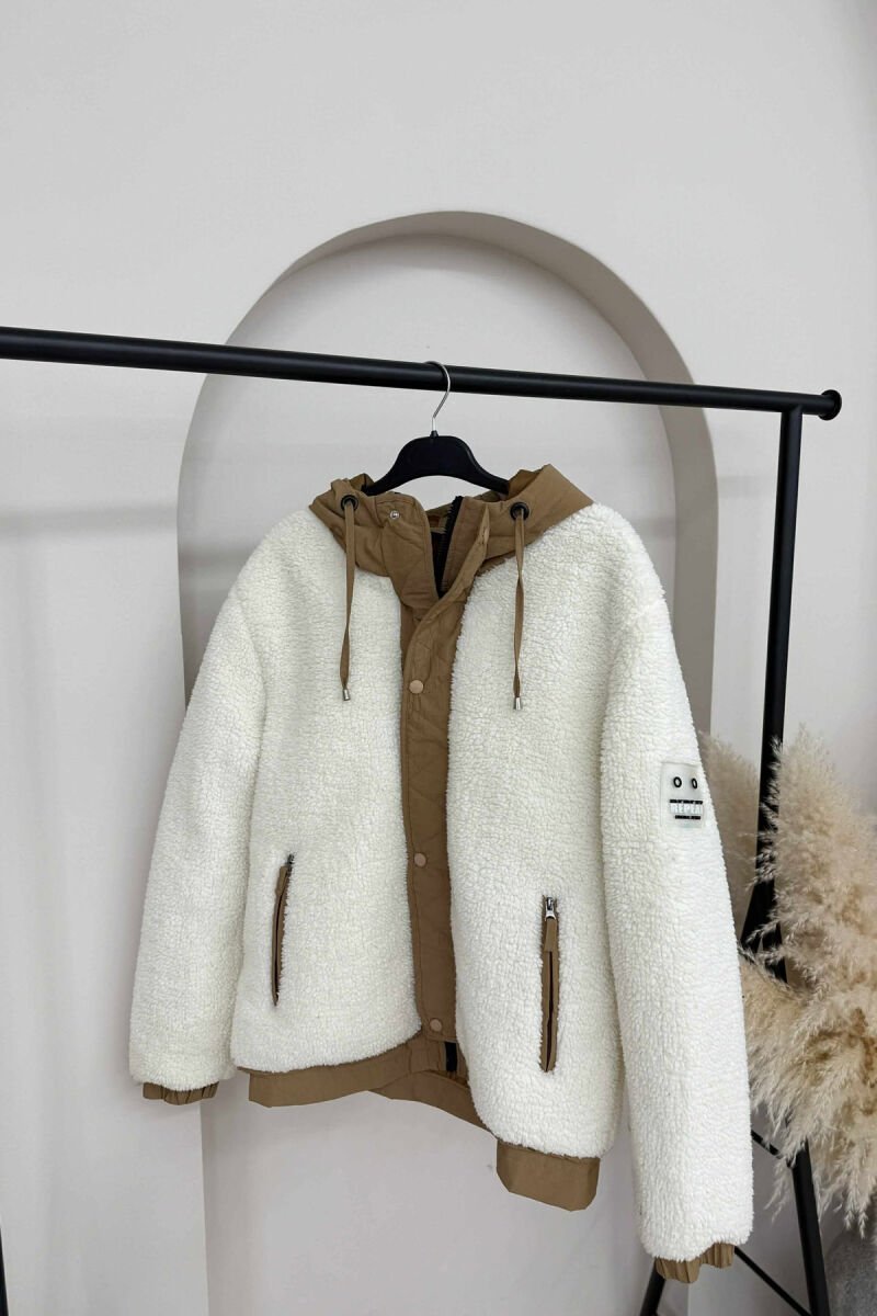 ZIPPER AND BUTTONS HOODED SHEEPSKIN WOMEN JACKET CREAM/KREM - 1