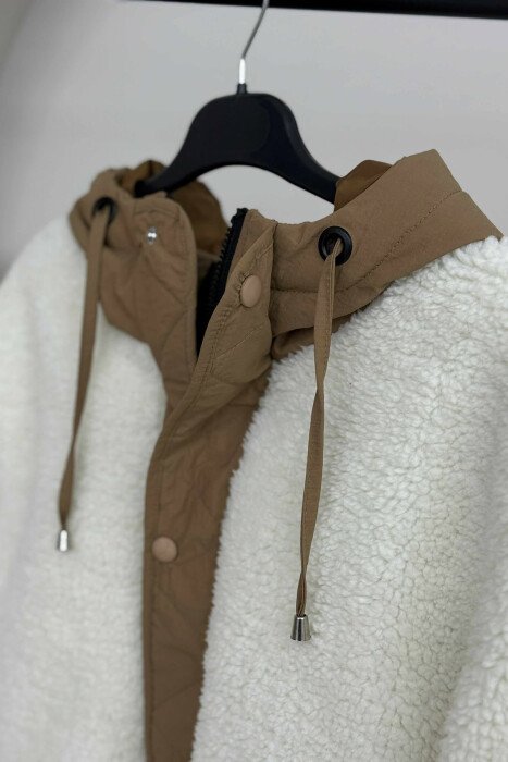 ZIPPER AND BUTTONS HOODED SHEEPSKIN WOMEN JACKET CREAM/KREM - 2