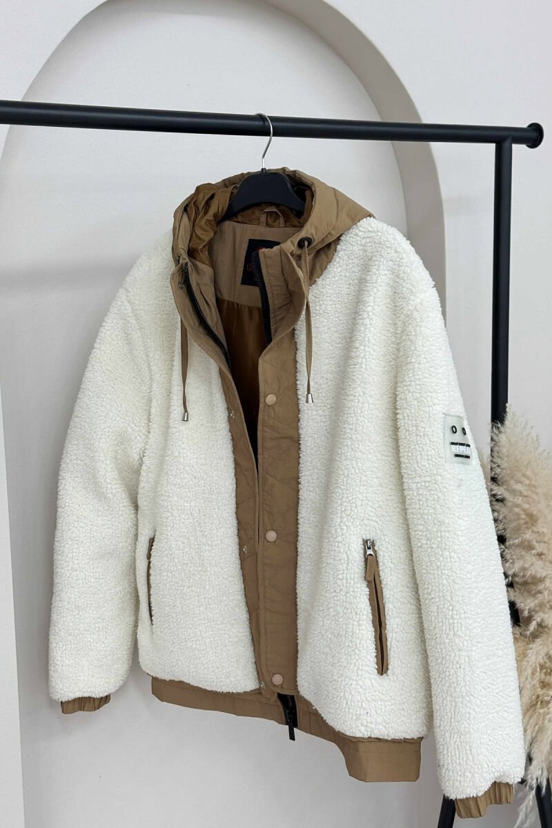 ZIPPER AND BUTTONS HOODED SHEEPSKIN WOMEN JACKET CREAM/KREM - 3