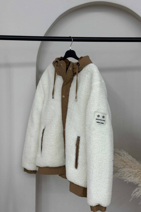 ZIPPER AND BUTTONS HOODED SHEEPSKIN WOMEN JACKET CREAM/KREM - 4