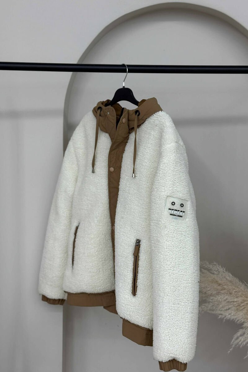 ZIPPER AND BUTTONS HOODED SHEEPSKIN WOMEN JACKET CREAM/KREM - 4