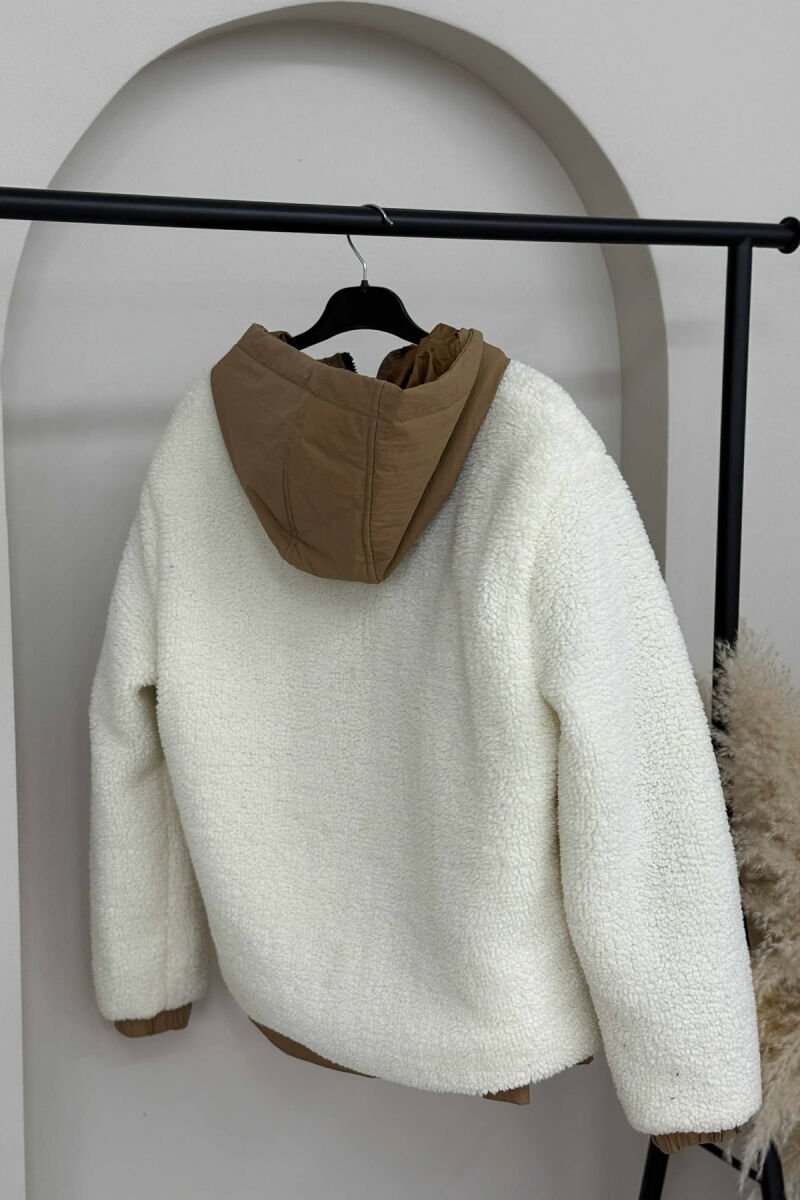ZIPPER AND BUTTONS HOODED SHEEPSKIN WOMEN JACKET CREAM/KREM - 5