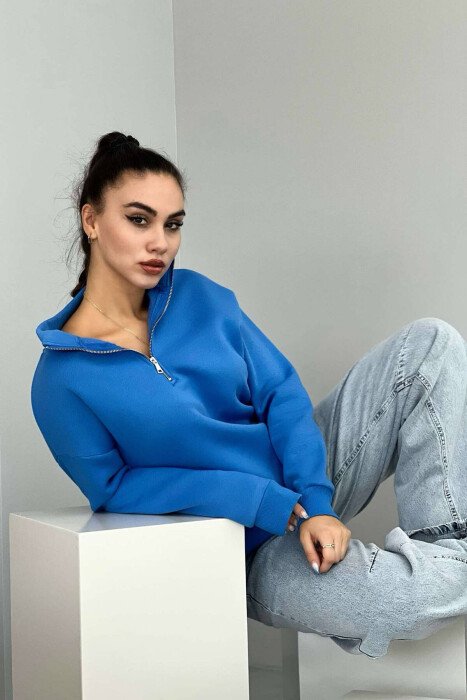 ZIPPER COTTON FLUFFY WOMAN SWEATSHIRT BLUE/BLU - 2