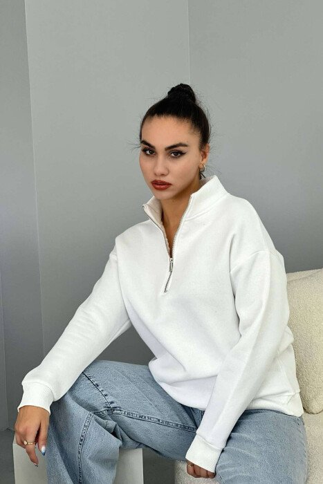 ZIPPER COTTON FLUFFY WOMAN SWEATSHIRT WHITE-E BARDHE - KLAUDIO FASHION