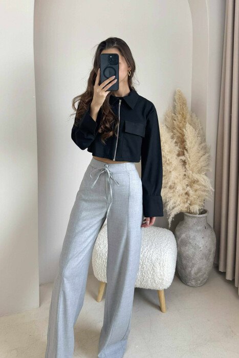 ZIPPER CROPPED ONE COLOR WOMEN JACKET BLACK/ E ZEZE - 4