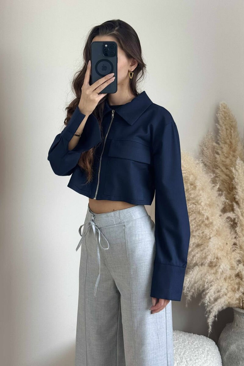 ZIPPER CROPPED ONE COLOR WOMEN JACKET DARK BLUE/BEE - 3