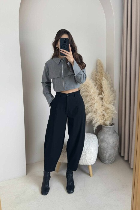 ZIPPER CROPPED ONE COLOR WOMEN JACKET GREY/GRI - KLAUDIO FASHION