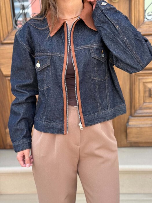 ZIPPER DENIM WOMAN JACKET DARK BLUE/BEE - 3