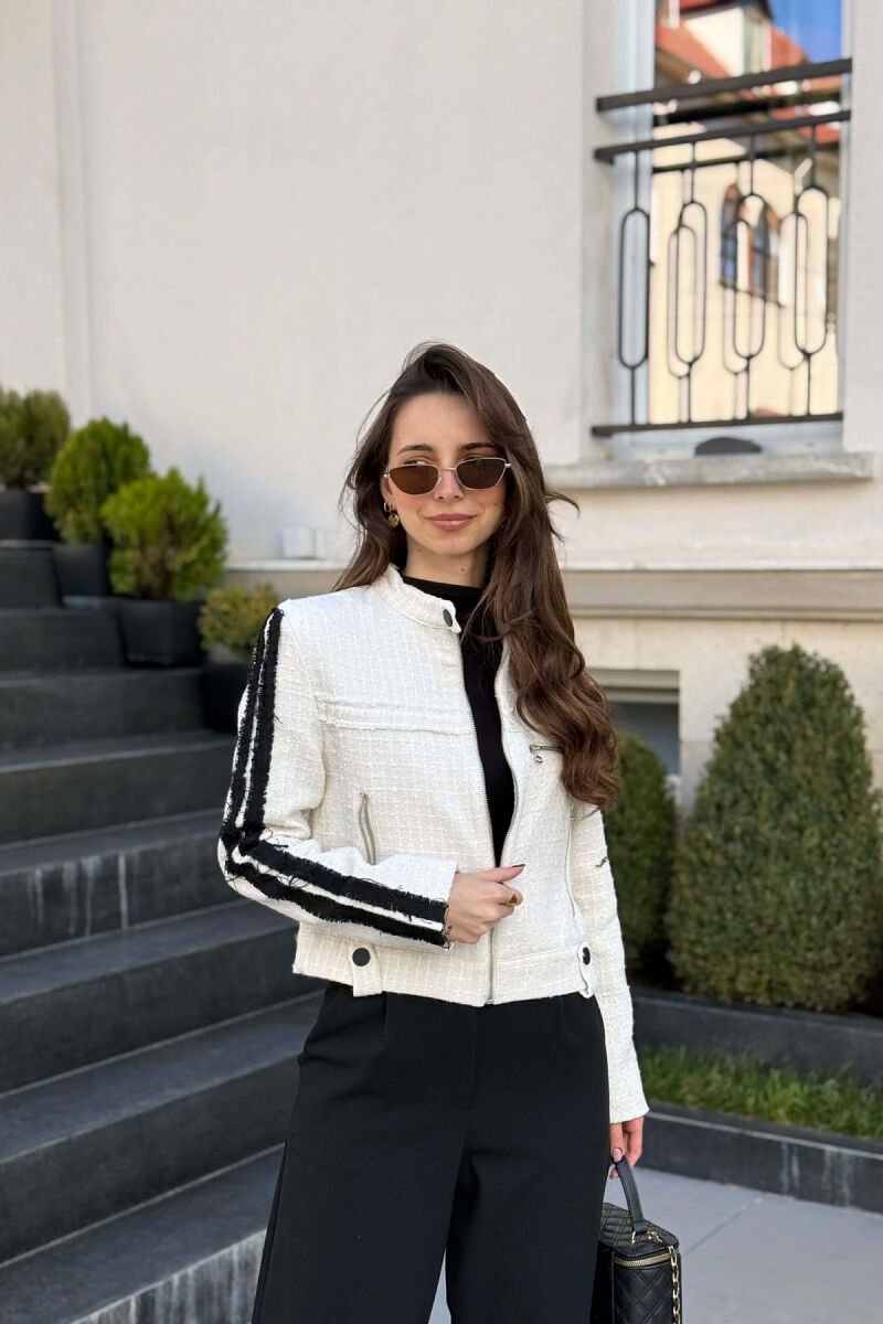 ZIPPER DETAILS ONE COLOR WOMEN JACKET CREAM/KREM - 4