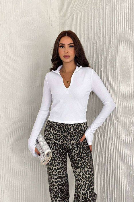ZIPPER HIGH NECK ONE COLOR WOMEN SWEATSHIRT WHITE-E BARDHE - KLAUDIO FASHION