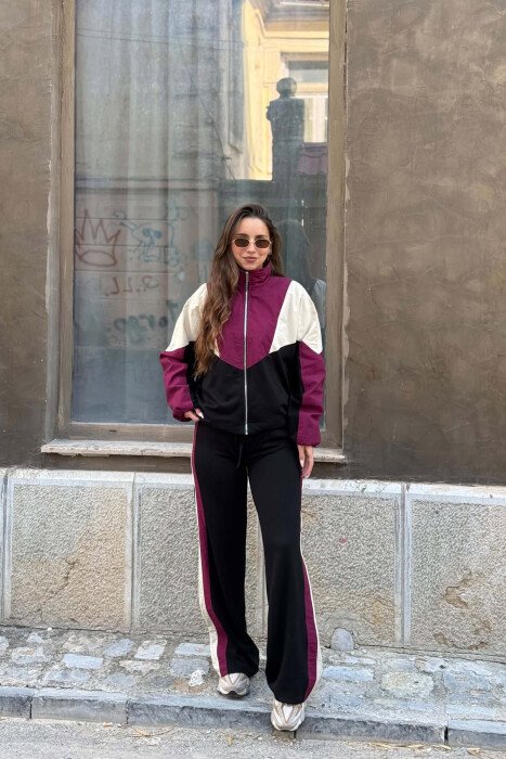 ZIPPER JACKET + SWEATPANTS WOMAN SET BLACK-BURGUNDY/ZEVI - 1