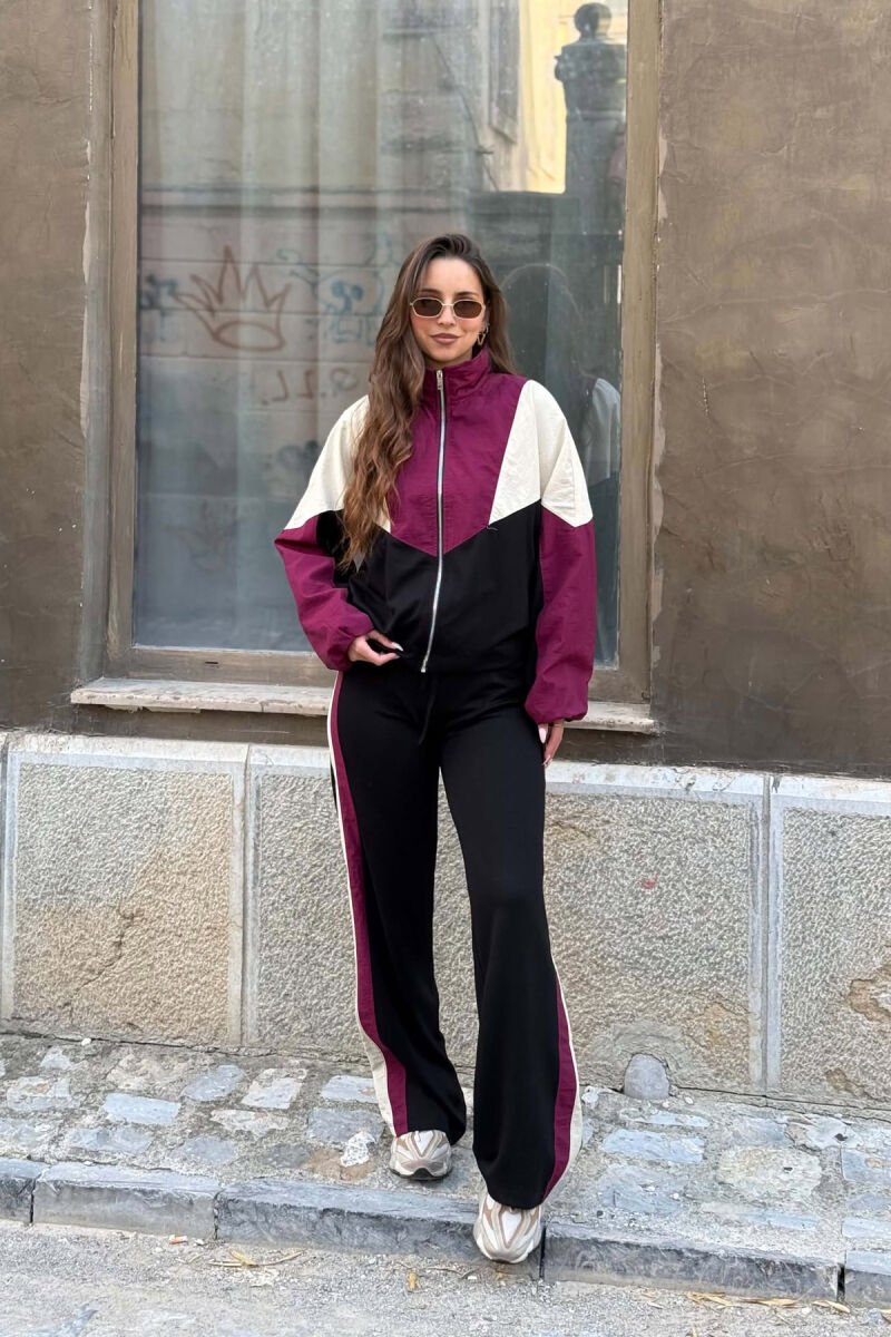 ZIPPER JACKET + SWEATPANTS WOMAN SET BLACK-BURGUNDY/ZEVI - 3