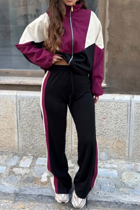 ZIPPER JACKET + SWEATPANTS WOMAN SET BLACK-BURGUNDY/ZEVI - 4