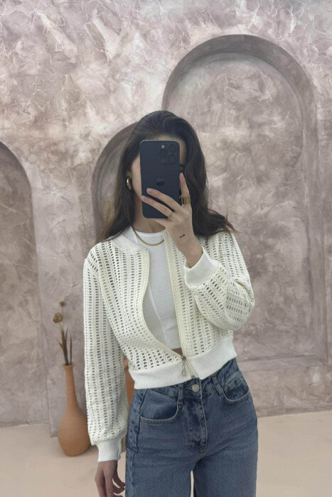 ZIPPER KNITTED WOMEN CARDIGAN CREAM/KREM - 1