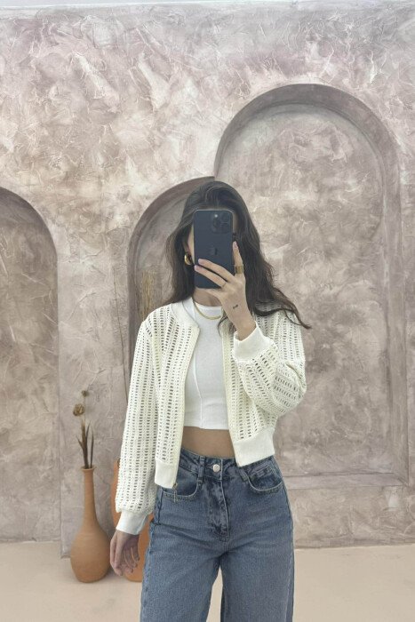 ZIPPER KNITTED WOMEN CARDIGAN CREAM/KREM - 5