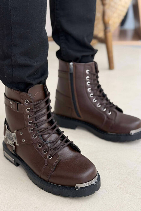 ZIPPER & LACING METAL DETAILS MEN BOOTS BROWN/KAFE - KLAUDIO FASHION