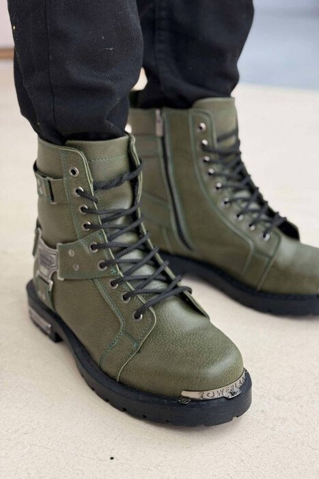 ZIPPER & LACING METAL DETAILS MEN BOOTS GREEN/JESHILE - KLAUDIO FASHION