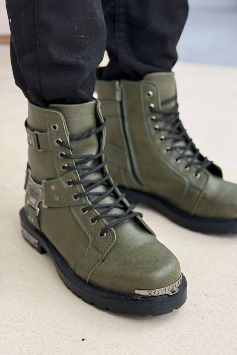 ZIPPER & LACING METAL DETAILS MEN BOOTS GREEN/JESHILE - KLAUDIO FASHION
