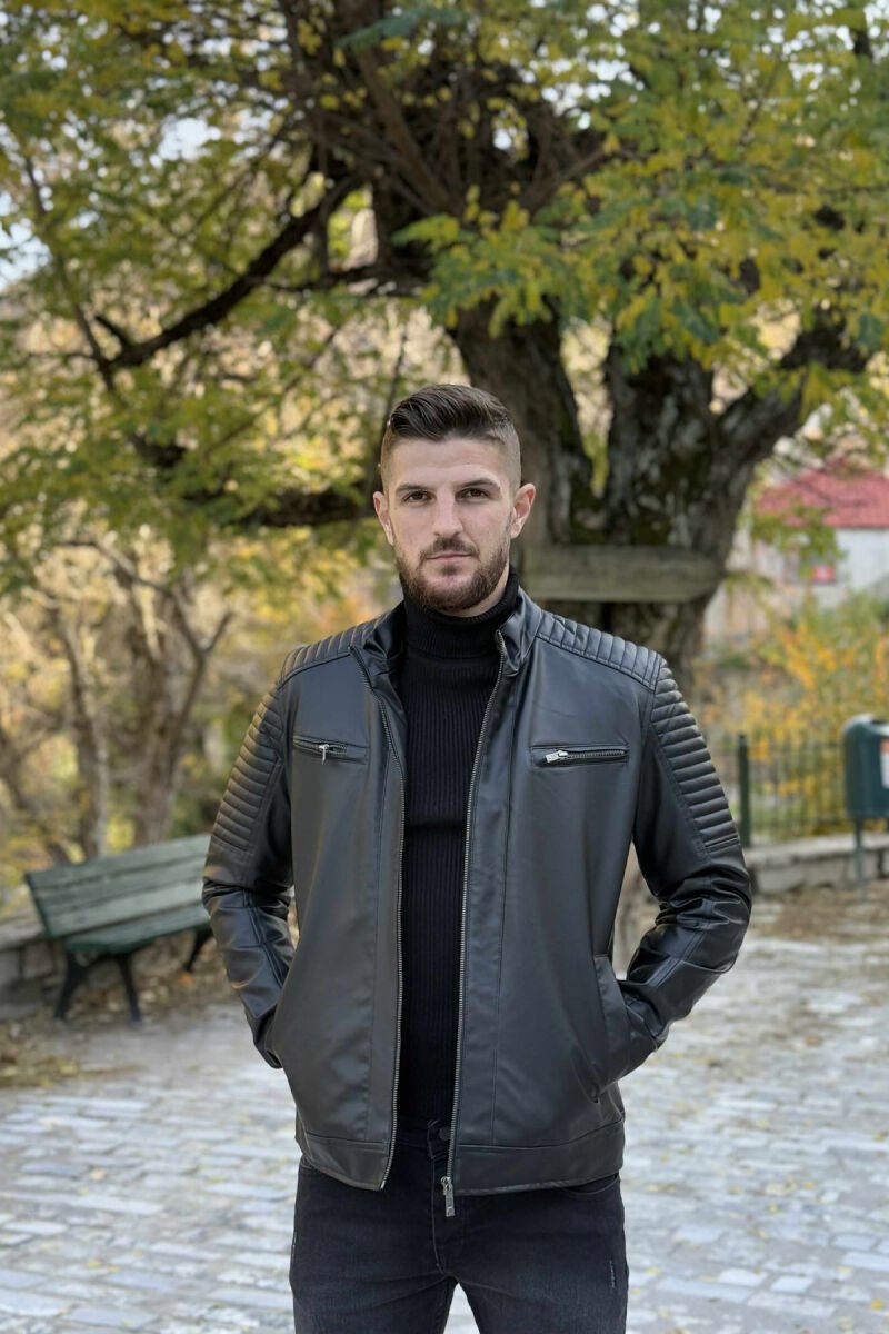ZIPPER LEATHER BIKER MEN JACKET BLACK/ E ZEZE - 1