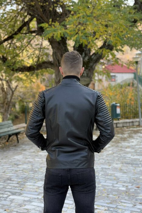ZIPPER LEATHER BIKER MEN JACKET BLACK/ E ZEZE - 5