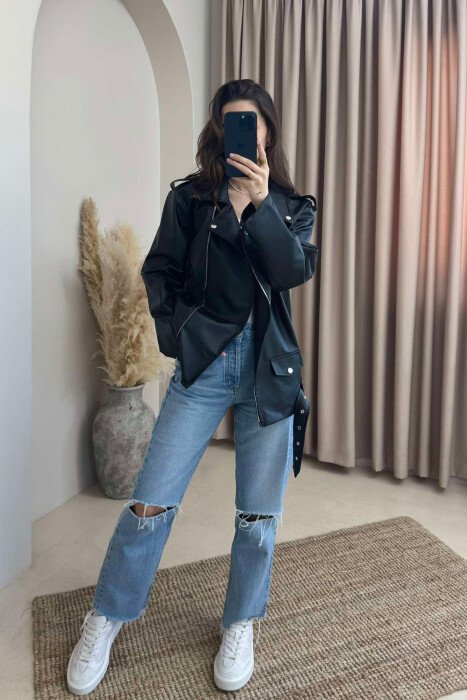 ZIPPER LEATHER WOMEN JACKET BLACK/ E ZEZE - KLAUDIO FASHION
