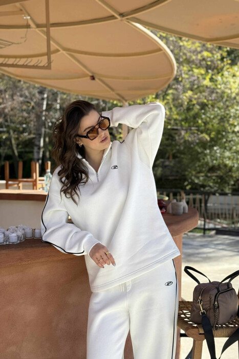ZIPPER NECK BLOUSE+SWEATPANTS WOMEN SET WHITE-E BARDHE - 4