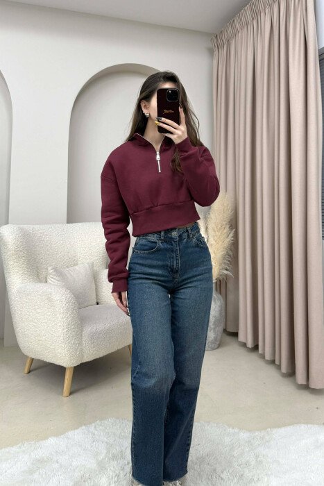 ZIPPER NECK CROPPED FLUFFY WOMEN SWEATSHIRT BURGUNDY/VISHNJE 