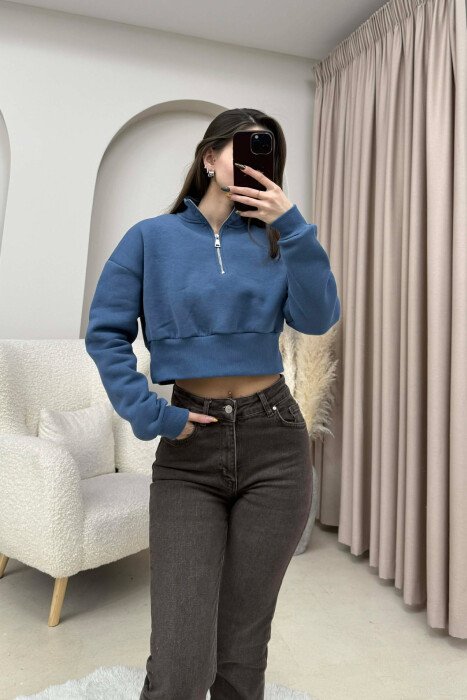 ZIPPER NECK CROPPED FLUFFY WOMEN SWEATSHIRT LIGHTBLUE/BZ - KLAUDIO FASHION