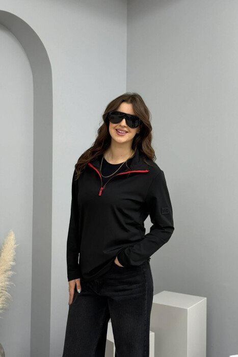 BLUZË NJËNGJYRËSHE ELASTIKE DHE ME JAKË ME ZINXHIR PËR MESHKUJ NË NGJYREN E ZEZË - KLAUDIO FASHION