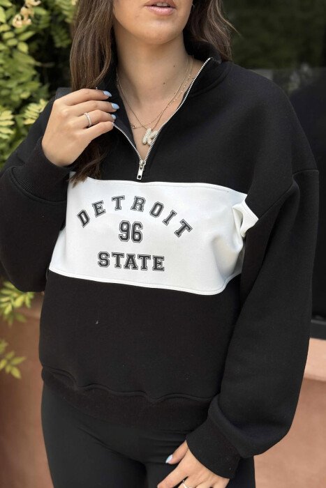 ZIPPER NECK FLUFFY FRONT WRITTINGS WOMEN SWEATSHIRT BLACK/ E ZEZE - KLAUDIO FASHION