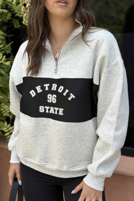 ZIPPER NECK FLUFFY FRONT WRITTINGS WOMEN SWEATSHIRT LIGHT GREY/GZ - KLAUDIO FASHION