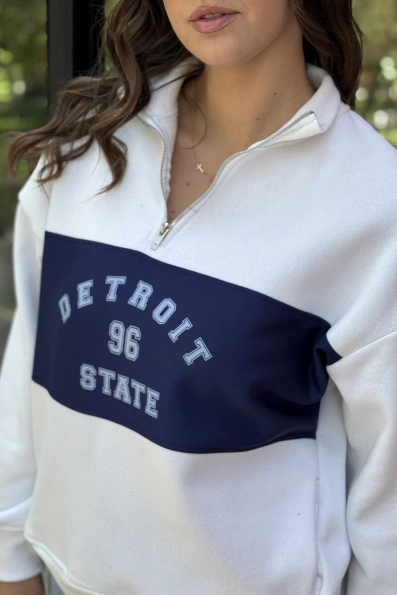 ZIPPER NECK FLUFFY FRONT WRITTINGS WOMEN SWEATSHIRT WHITE-BLUE/BABL - 3