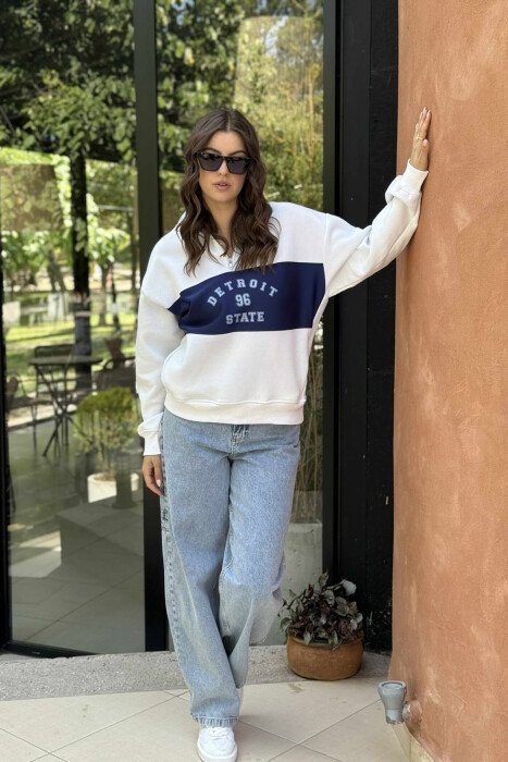 ZIPPER NECK FLUFFY FRONT WRITTINGS WOMEN SWEATSHIRT WHITE-BLUE/BABL - 5