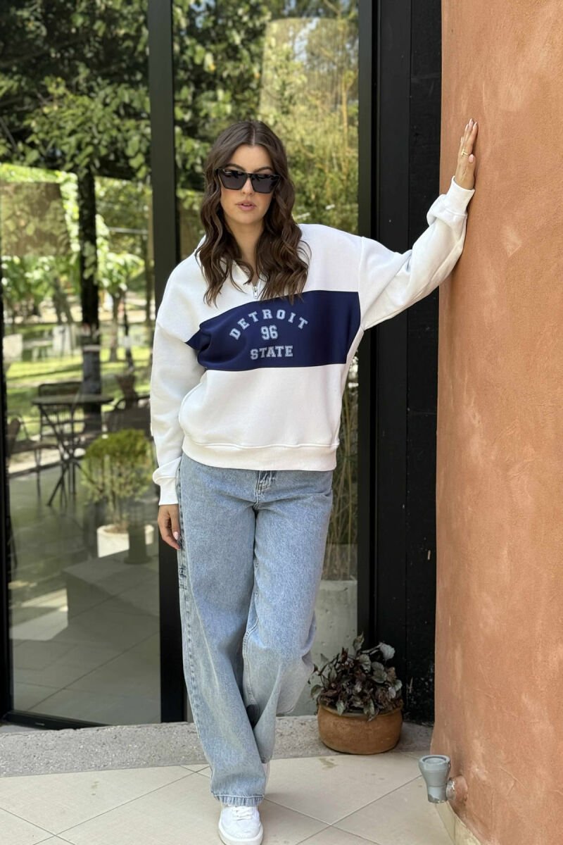 ZIPPER NECK FLUFFY FRONT WRITTINGS WOMEN SWEATSHIRT WHITE-BLUE/BABL - 5