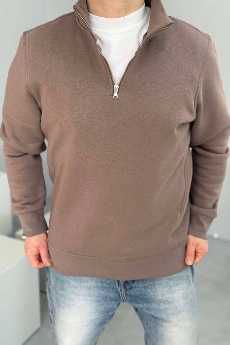 ZIPPER NECK ONE COLOR FLUFFY MEN SWEATSHIRT LIGHT BROWN/KAZB - 1