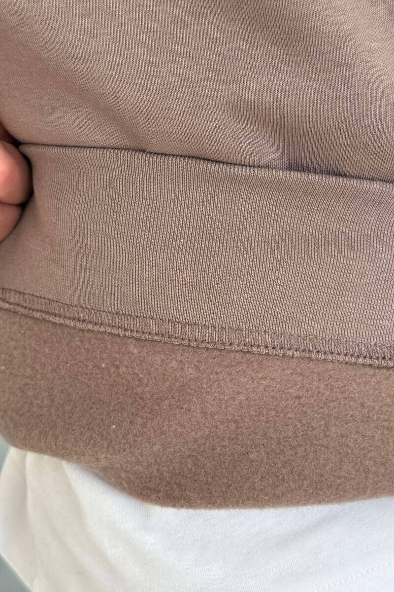 ZIPPER NECK ONE COLOR FLUFFY MEN SWEATSHIRT LIGHT BROWN/KAZB - 2