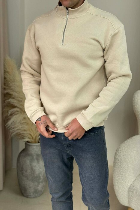 ZIPPER NECK FLUFFY MEN SWEATSHIRT BEIGE/BEZHE - KLAUDIO FASHION